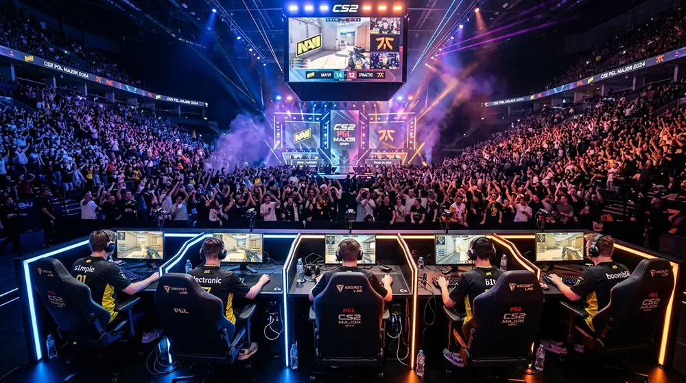 Joueurs professionnels en compétition CS2 dans une arène d'esport