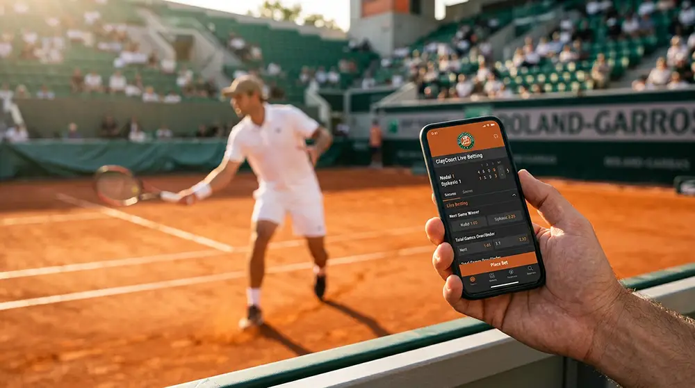 Joueur de tennis en service avec application de paris affichant des cotes live