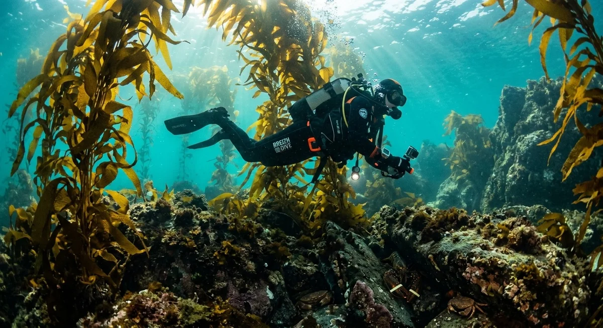 Plongée sous-marine aux îles Glénan en Bretagne Plongeur dans les eaux turquoise des îles Glénan en Bretagne