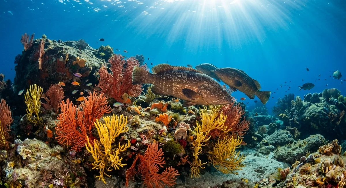 Plongée sous-marine au Parc national de Port-Cros – Var Mérous et gorgones dans les fonds marins du Parc national de Port-Cros
