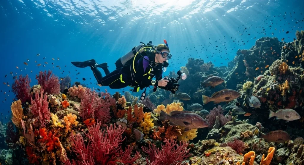 Plongeur explorant les fonds marins de France métropolitaine avec gorgones et mérous