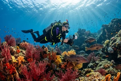 Plongeur explorant les fonds marins de France métropolitaine avec gorgones et mérous