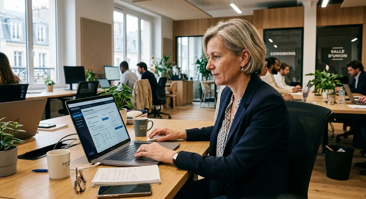 Se former à l'IA pour rester indispensable dans son métier Professionnel français utilisant un outil d'intelligence artificielle sur ordinateur pour améliorer son travail