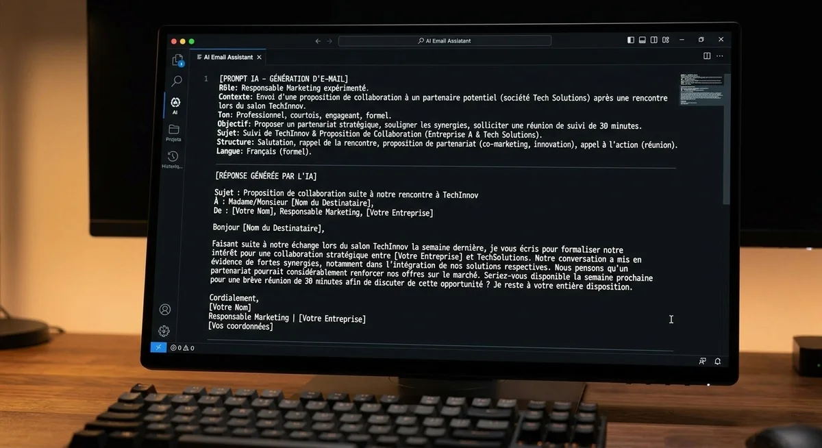 Prompt engineering pour rédiger des emails professionnels avec l'IA Exemple de prompt bien structuré pour rédiger un email professionnel avec l'IA