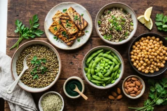 Assiette colorée de protéines végétales – lentilles, tofu, pois chiches et quinoa pour remplacer la viande