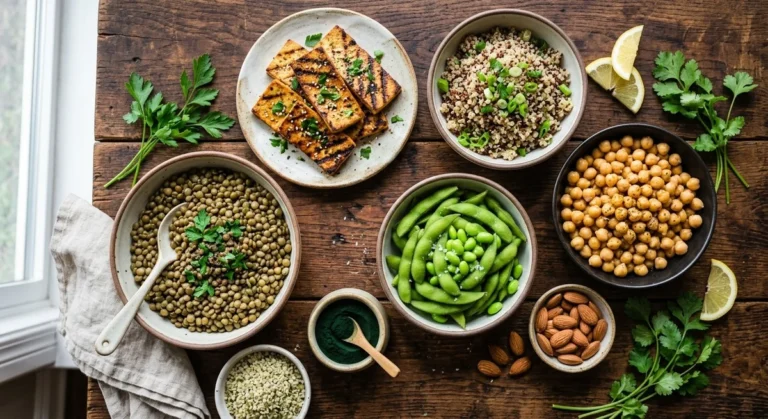 Assiette colorée de protéines végétales – lentilles, tofu, pois chiches et quinoa pour remplacer la viande