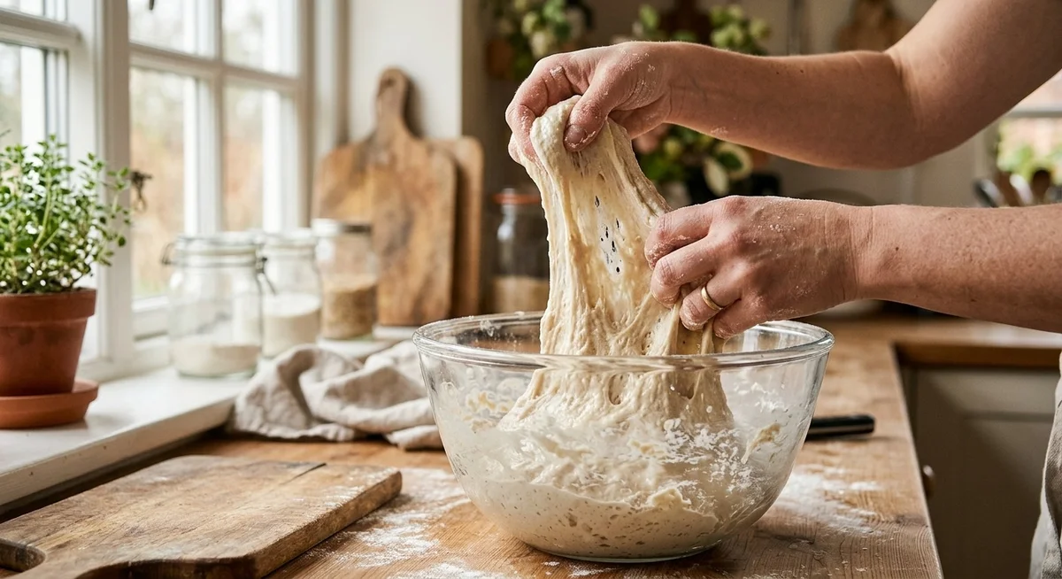 Technique des rabats pour pain au levain maison Mains effectuant des rabats sur une pâte à pain au levain dans un saladier en verre