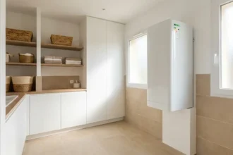 Nouveau chauffe-eau thermodynamique installé dans une salle technique d'un logement moderne