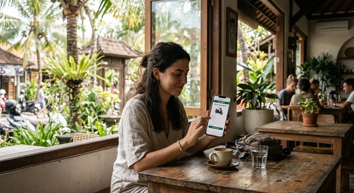 Réserver un scooter à Bali en ligne – avantages et sécurité Personne réservant un scooter à Bali sur une plateforme en ligne via smartphone