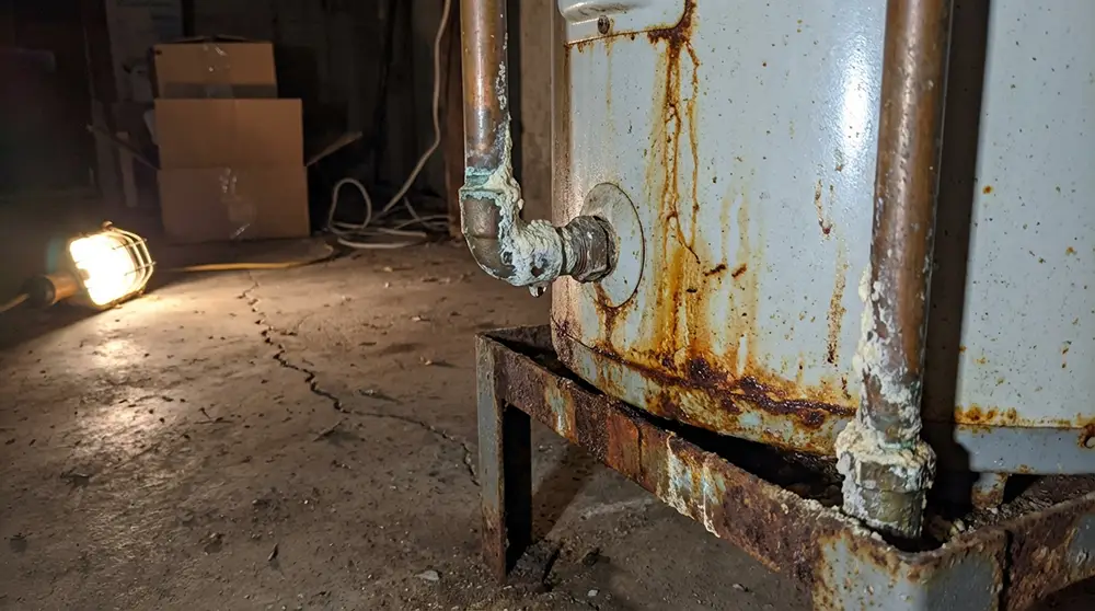 Vieux chauffe-eau électrique montrant des signes de corrosion, de calcaire et de fuite