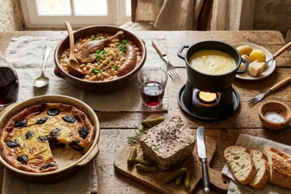 Plats régionaux méconnus de France disposés sur une table de ferme rustique