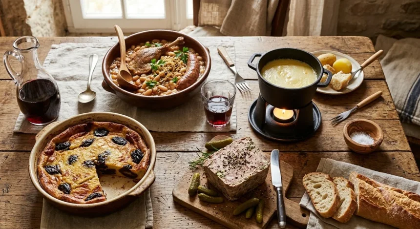 Plats régionaux méconnus de France disposés sur une table de ferme rustique