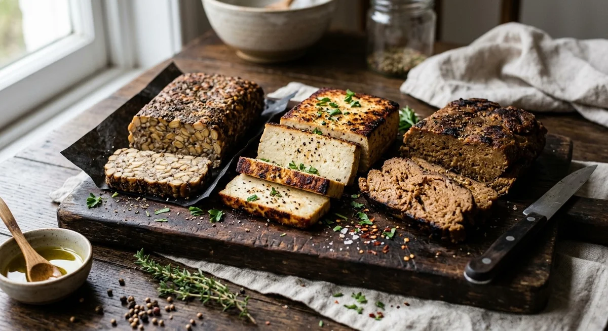 Tofu, tempeh et seitan – alternatives végétales à la viande riches en protéines Tranches de tofu grillé, tempeh et seitan sur une planche en bois – substituts végétaux à la viande