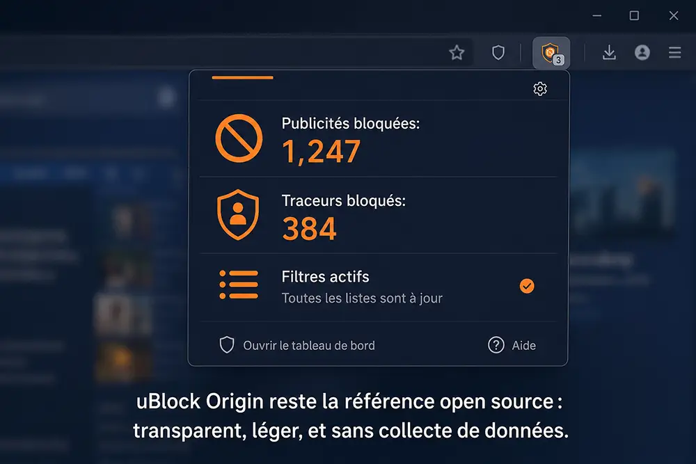 uBlock Origin sur Firefox, adblocker open source et respectueux de la vie privée Interface de l'extension uBlock Origin sur Firefox avec tableau de bord de blocage actif
