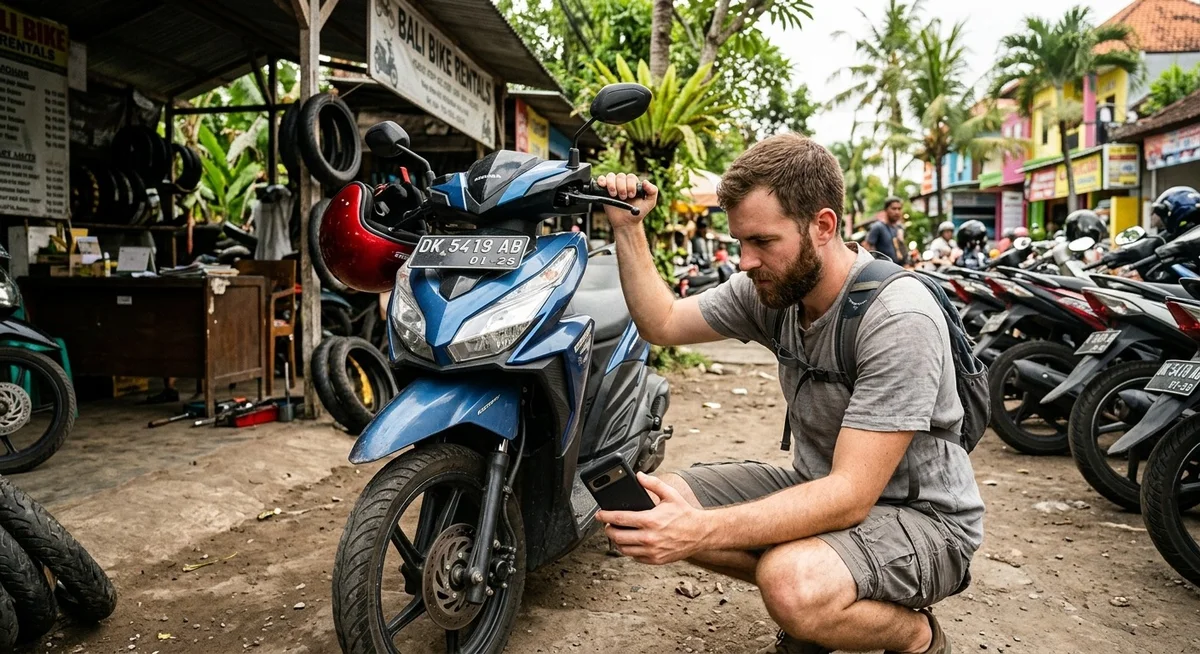 Vérifier l'état d'un scooter avant de louer à Bali Touriste inspectant les freins et les pneus d'un scooter avant la location à Bali