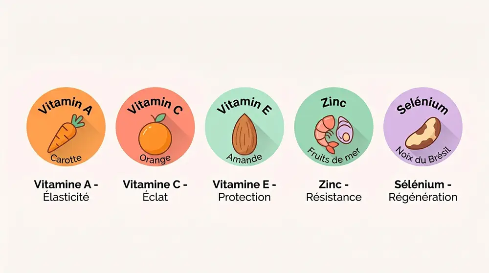 Infographie des vitamines et minéraux essentiels pour la peau : vitamine A pour l'élasticité, vitamine C pour l'éclat, vitamine E pour la protection, zinc pour la résistance et sélénium pour la régénération