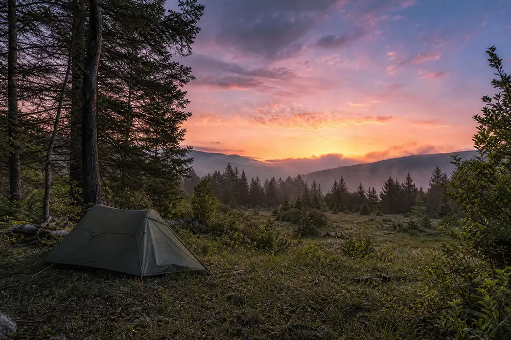 Petite tente ultraléger posée discrètement en lisière de forêt française au lever du soleil, brume matinale, respect du Leave No Trace