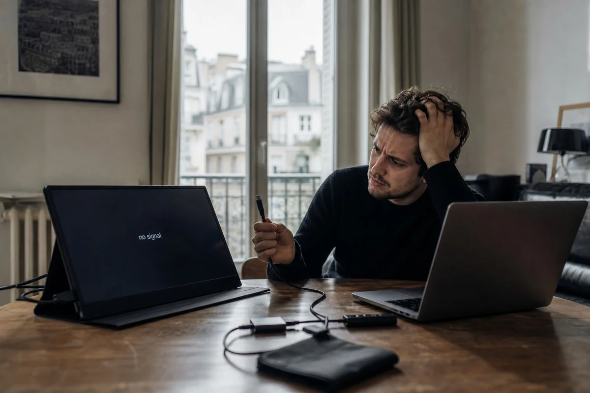 Les erreurs à éviter lors du choix d'un moniteur gaming portable en 2026 Acheteur frustré regardant un moniteur gaming portable mal adapté à son laptop avec câble incompatible