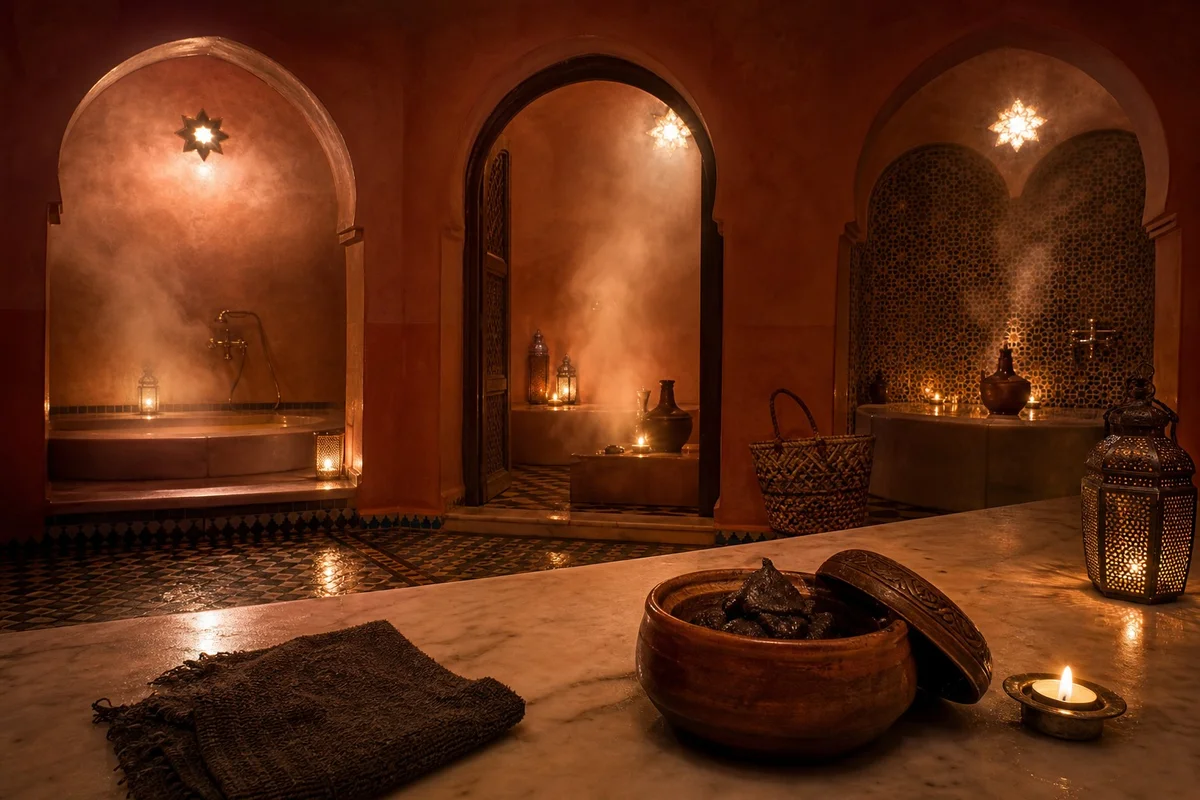 Hammam traditionnel marocain - rituel de bien-être ancestral Intérieur d'un hammam traditionnel marocain avec savon noir et gant kessa