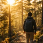 Randonneur solitaire de dos avec un petit sac à dos sur un sentier forestier à la lumière dorée du coucher de soleil — micro-aventure en pleine nature