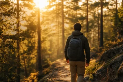 Randonneur solitaire de dos avec un petit sac à dos sur un sentier forestier à la lumière dorée du coucher de soleil — micro-aventure en pleine nature