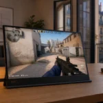 Comparatif moniteur gaming portable 2026 avec connexion USB-C et taux de rafraîchissement 144Hz posé sur un bureau nomade