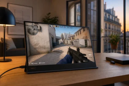 Comparatif moniteur gaming portable 2026 avec connexion USB-C et taux de rafraîchissement 144Hz posé sur un bureau nomade