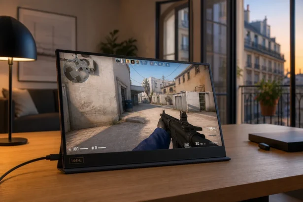 Comparatif moniteur gaming portable 2026 avec connexion USB-C et taux de rafraîchissement 144Hz posé sur un bureau nomade
