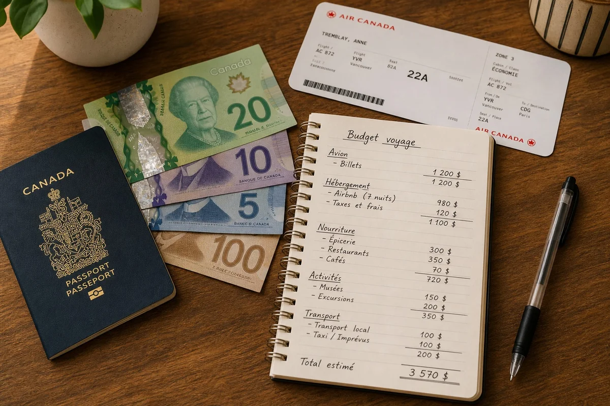 Budget PVT Canada 2026 – Frais de visa, assurance et départ Tableau récapitulatif du budget pour un PVT Canada 2026 : frais EIC, assurance, billet d'avion