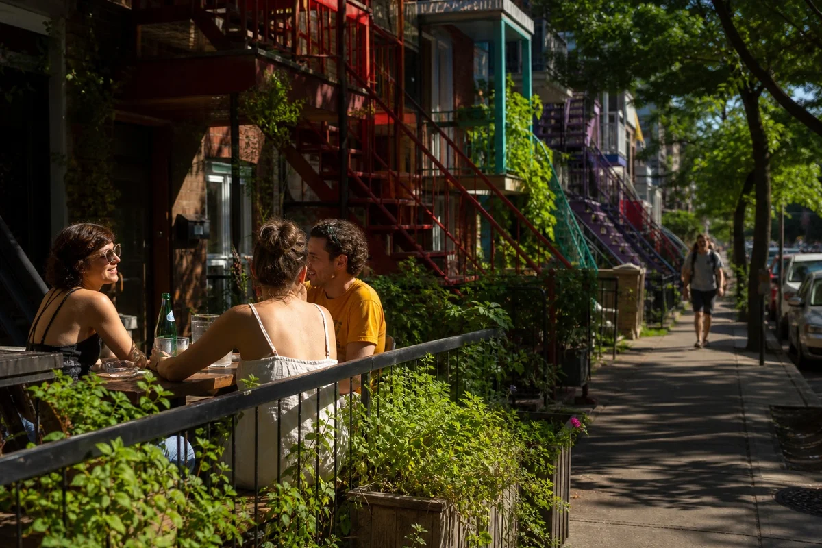 Vie quotidienne à Montréal en PVT Canada 2026 Rue animée du Plateau-Mont-Royal à Montréal avec des PVTistes en terrasse en été