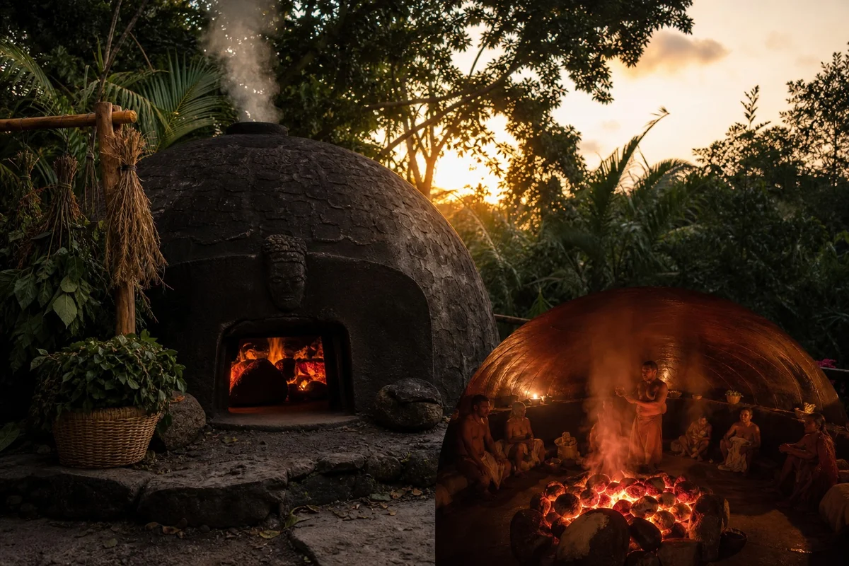 Temazcal mexicain - rituel maya ancestral de purification Hutte de temazcal maya au Mexique avec pierres chauffées et vapeur d'herbes médicinales