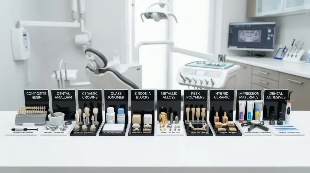 Une vue d'ensemble professionnelle présentant les 10 différents types de matériaux dentaires dans un environnement clinique moderne