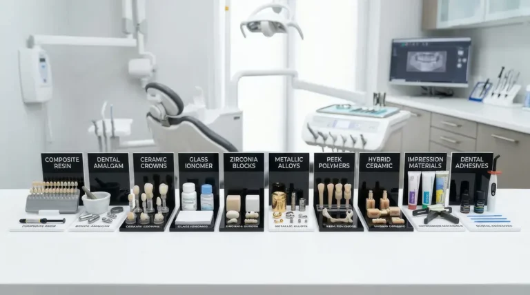 Une vue d'ensemble professionnelle présentant les 10 différents types de matériaux dentaires dans un environnement clinique moderne