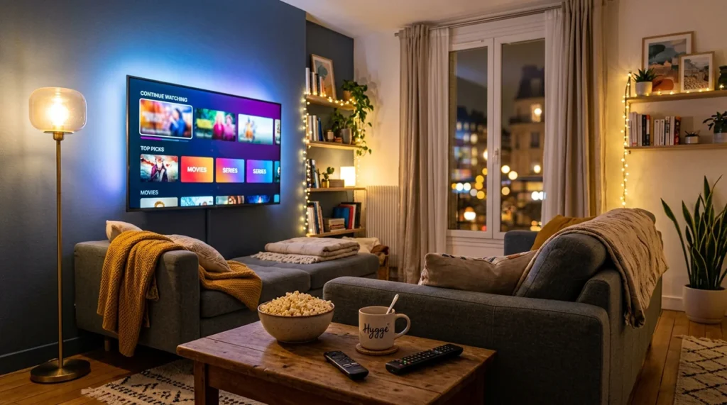 Salon moderne avec TV montrant interface de sites de streaming, ambiance soirée cosy avec popcorn
