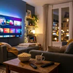 Salon moderne avec TV montrant interface de sites de streaming, ambiance soirée cosy avec popcorn