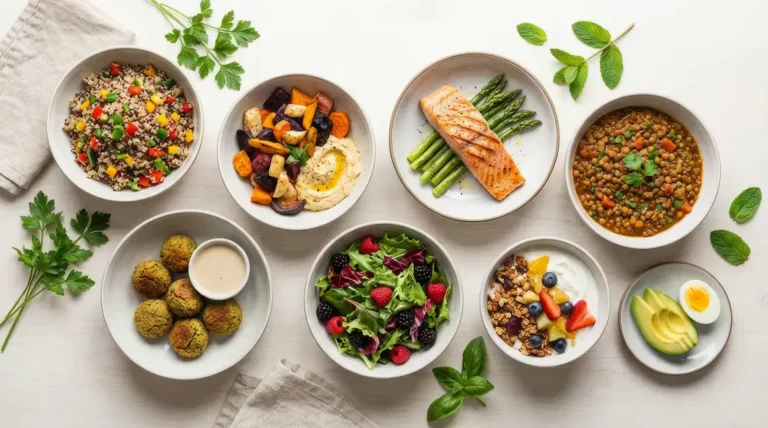 Huit bols de repas minceur colorés vus du dessus pour perdre du poids