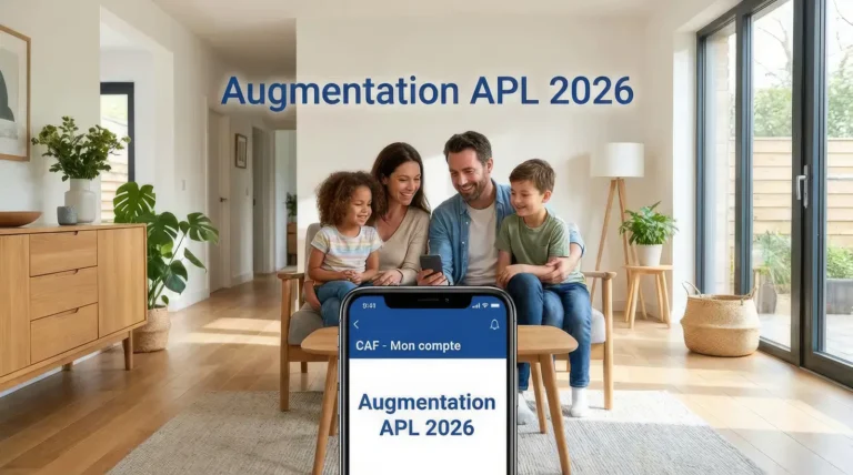 Famille heureuse consultant l'application CAF sur smartphone pour vérifier l'augmentation APL 2026