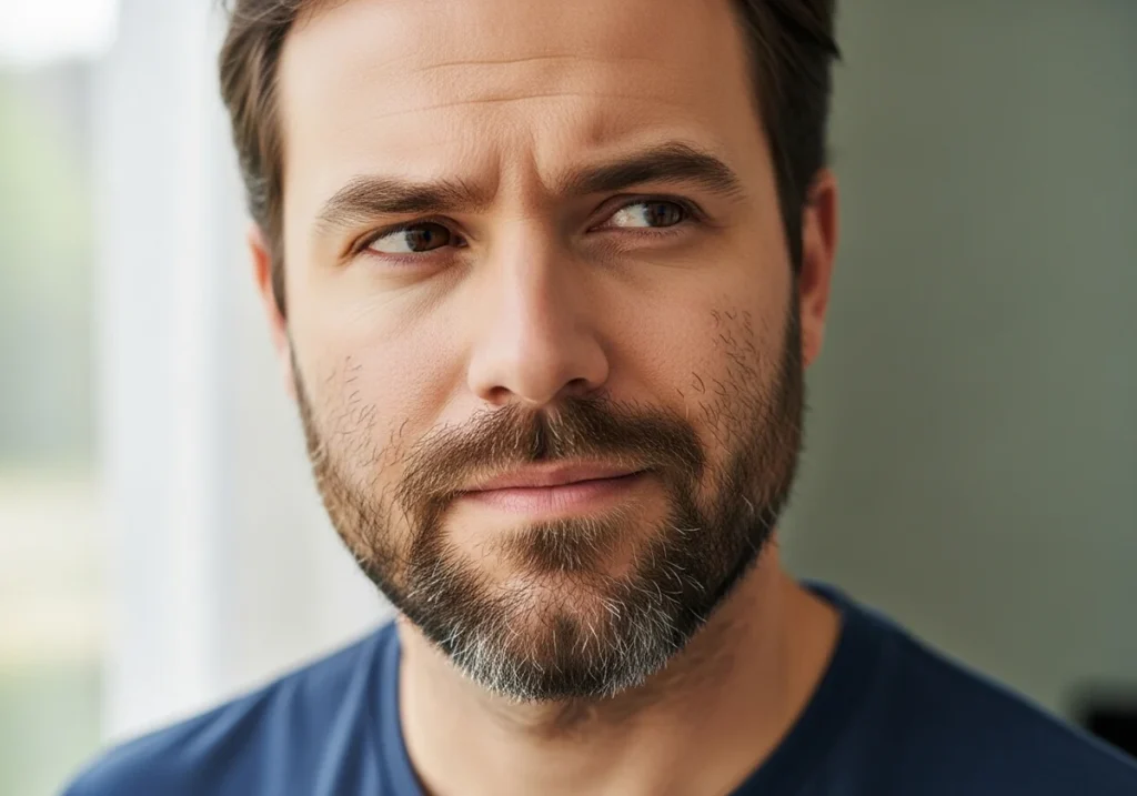 Homme d'une 40aine d'année avec une barbe clairsemée et blanchissante