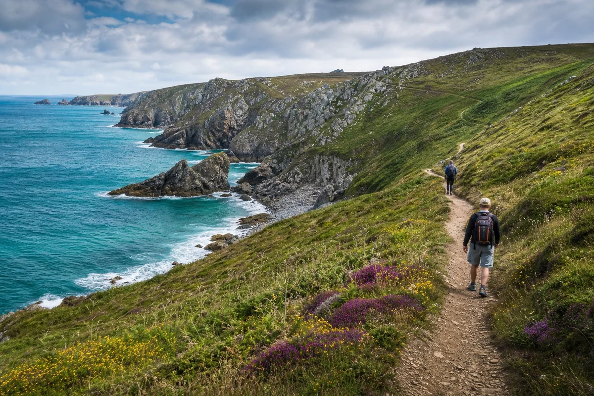 Vacances en Bretagne pour fuir la canicule été 2026 Côte bretonne sauvage avec falaises et mer fraîche pendant l'été