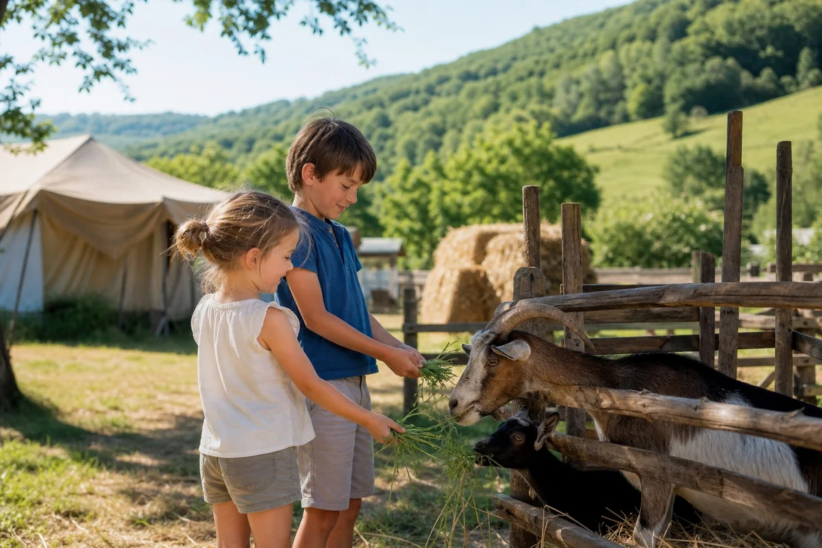 Camping à la ferme en famille avec enfants et animaux Enfants nourrissant des chèvres dans un camping à la ferme en France, cadre rural verdoyant
