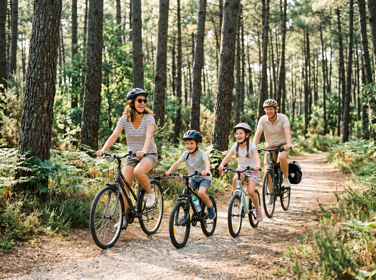 Famille à vélo sur la Vélodyssée près du camping Biscarrosse Slow Village Caption : Depuis le camping Biscarrosse, la plage atlantique se rejoint à vélo en vingt minutes.