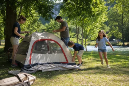 Famille installée sous une tente dans un camping naturel en France, enfants qui jouent sur l'herbe
