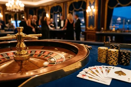 Interface élégante du casino Bet Riviera avec roulette, cartes et jetons