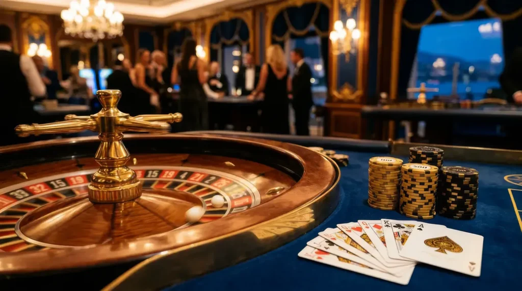 Interface élégante du casino Bet Riviera avec roulette, cartes et jetons