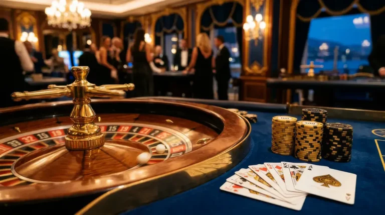 Interface élégante du casino Bet Riviera avec roulette, cartes et jetons