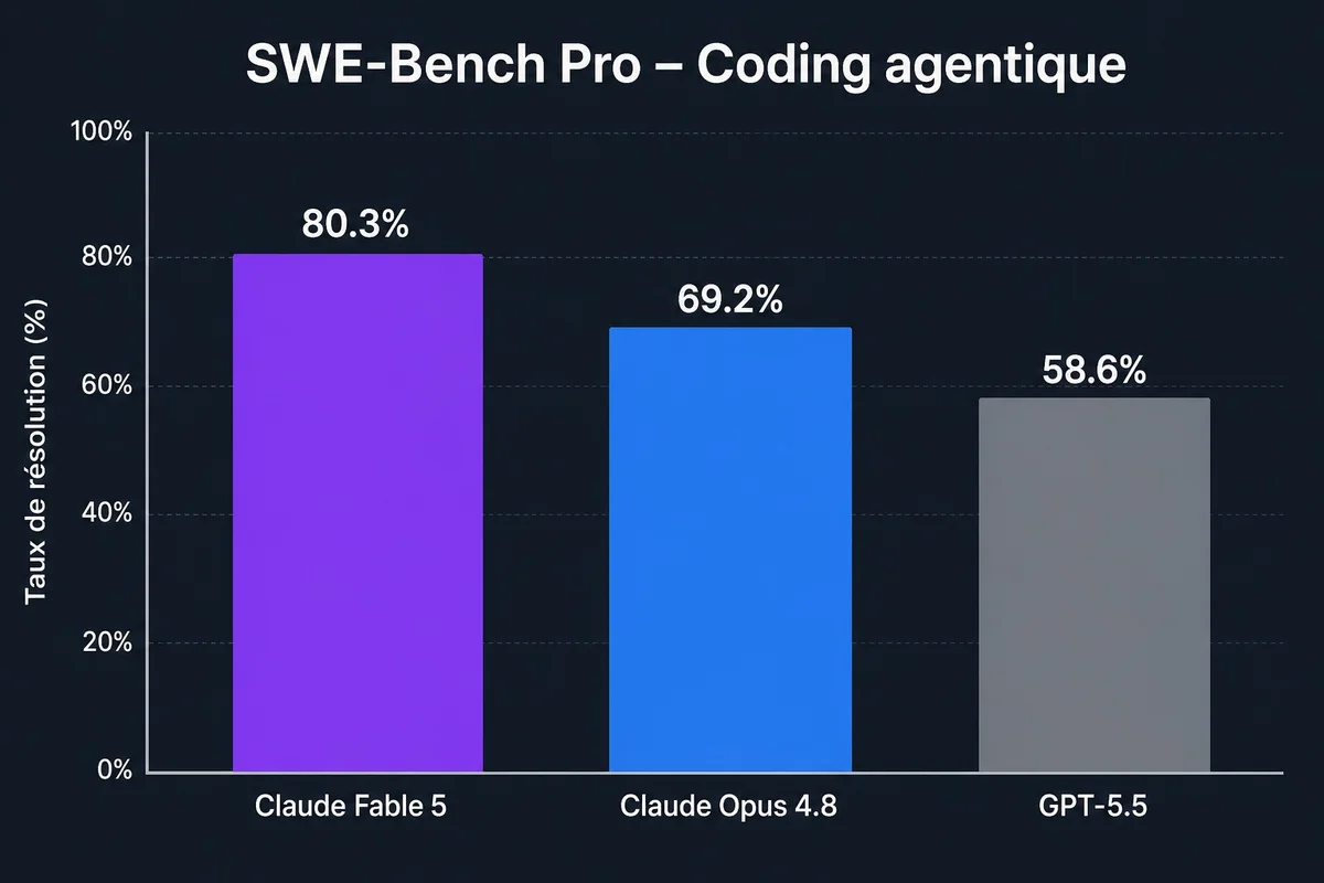 Benchmarks SWE-Bench Pro â Claude Fable 5 vs Opus 4.8 vs GPT-5.5 Graphique comparatif des scores SWE-Bench Pro : Fable 5 Ă 80,3%, Opus 4.8 Ă 69,2%, GPT-5.5 Ă 58,6%