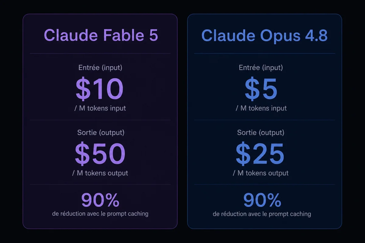Tarifs Claude Fable 5 vs Claude Opus 4.8 â Prix par million de tokens Tableau de comparaison des prix : Fable 5 Ă 10$/M tokens en entrĂ©e et 50$ en sortie, Opus 4.8 Ă 5$/M et 25$/M