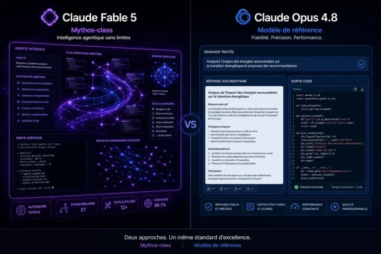 Interface de comparaison entre Claude Fable 5 et Claude Opus 4.8 sur fond sombre avec logo Anthropic