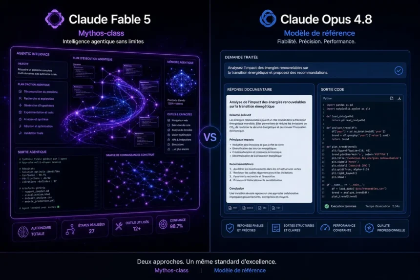 Interface de comparaison entre Claude Fable 5 et Claude Opus 4.8 sur fond sombre avec logo Anthropic
