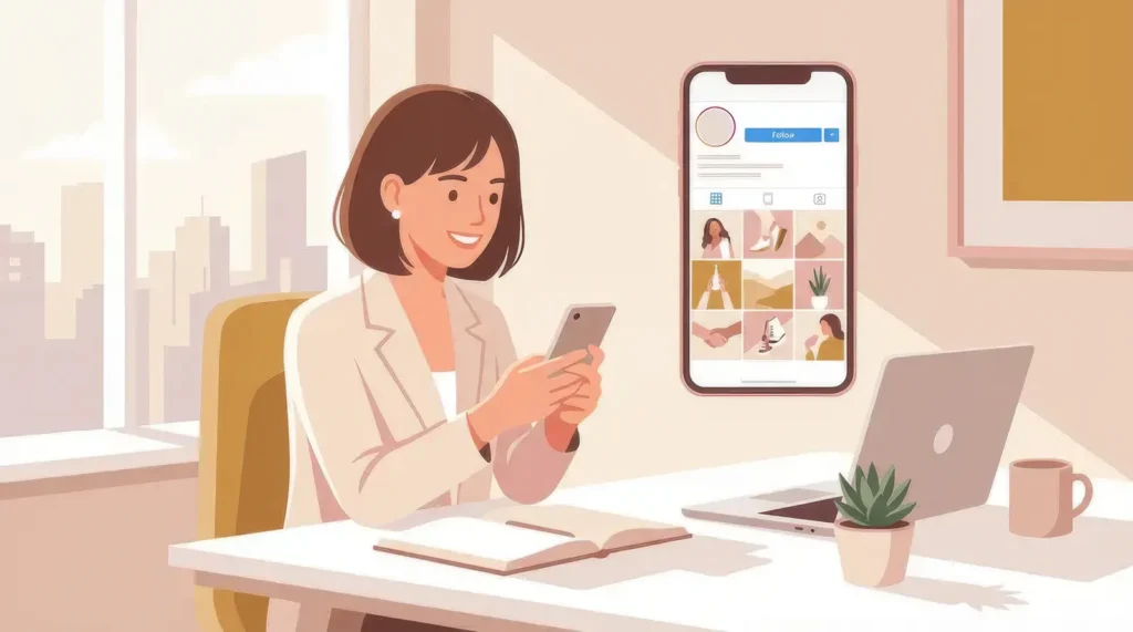 Entrepreneur souriant regardant son profil Instagram professionnel sur smartphone